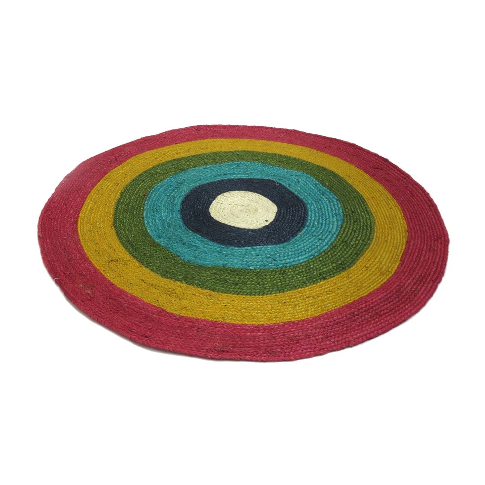 Alfombra redonda Oussum yute natural hecha a mano alfombras ojo de pez felicidad alfombra interior Foto 2 de 4