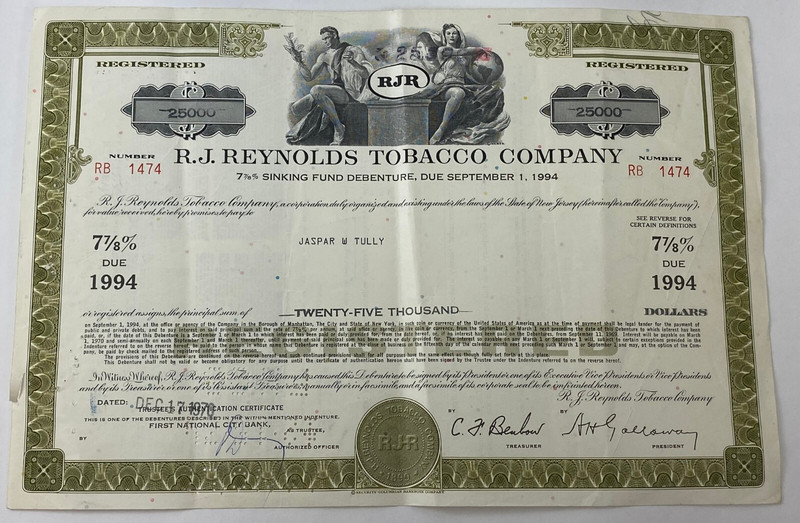 R.J. Reynolds 1970 Tobacco Company Olive Bond Certificate