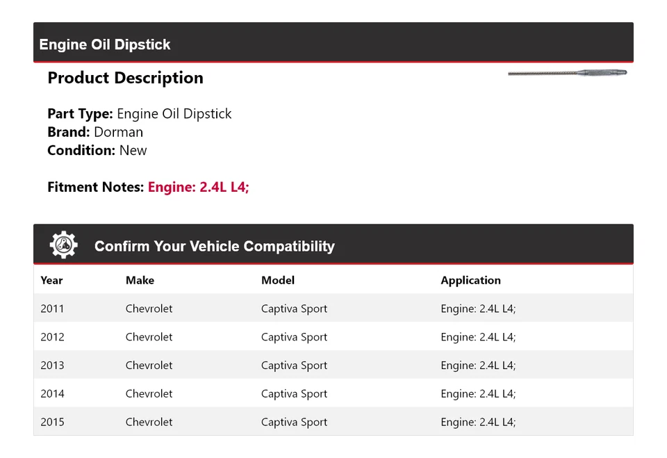 Vareta de óleo de motor 2012 Chevrolet Captiva Sport 2.4L L4 Dorman 2011-2015 - Imagem 2 de 4