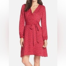 Adrianna Papell Women’s Size 6 Red Pink V Neck Long Sleeve Midi Dress
