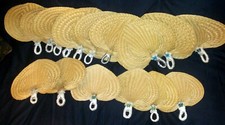 Woven Raffia Hand Fans Ribbon Wrapped Handles White Flowers Green Butterflies 16