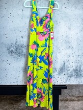 Vince Camuto Maxi Dress Women XXL Lime Floral Print Square Neck Smocked Back