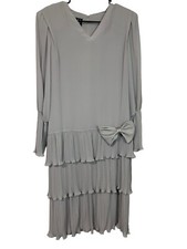 Ursula Gray Tiered Layered Dress/ Bow Pleated, Long Sleeve, Made in USA Size 10