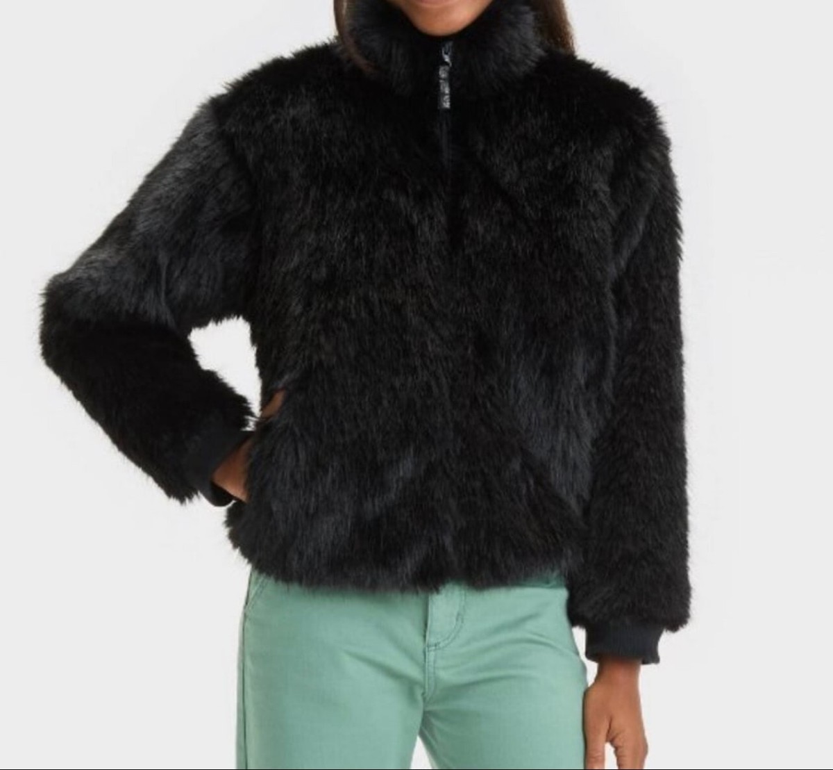 NWT~ Art Class sz S 6/7 Girls Black Faux Fur zip up Jacket