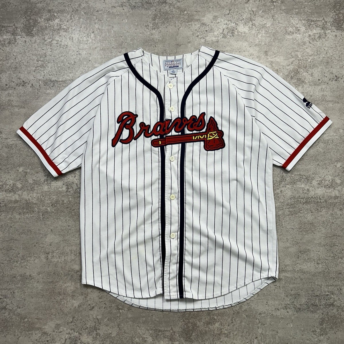 VTG 90s MLB ATLANTA BRAVES TOM GLAVINE #42 STARTER PINSTRIPE