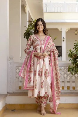 Floral Printed Anarkali Kurti Palazzo Dupatta Set Indian Designer Salwar Kameez