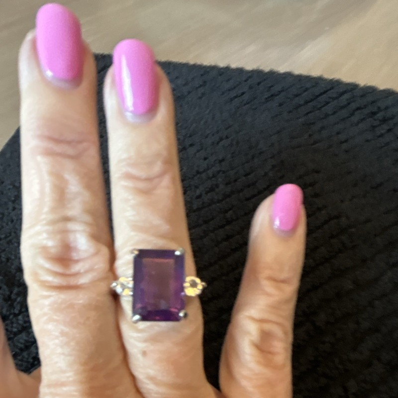 JTV Rhodium Over 925 Sterling Silver Amethyst & Topaz Prong Ring 8 DOK387-8