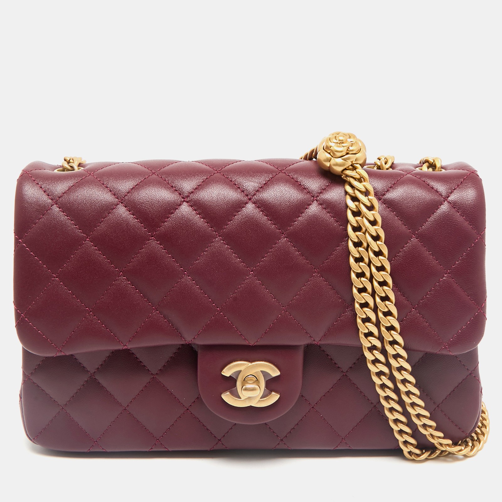 Chanel Burgundy Quilted Leather Medium Camellia Flap Bag with Chain Strap