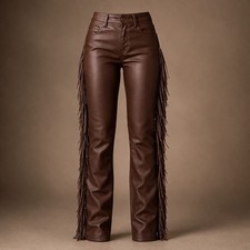 Womens Brown Leather Fringe Pants Western Cowboy High Waist Slim Fit Biker