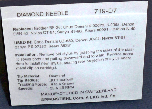 719-D7 STYLUS NEEDLE for Panasonic CZ-680 DSN-45 Nivico DT-51 ST-6G Sears 89901 - Picture 2 of 2