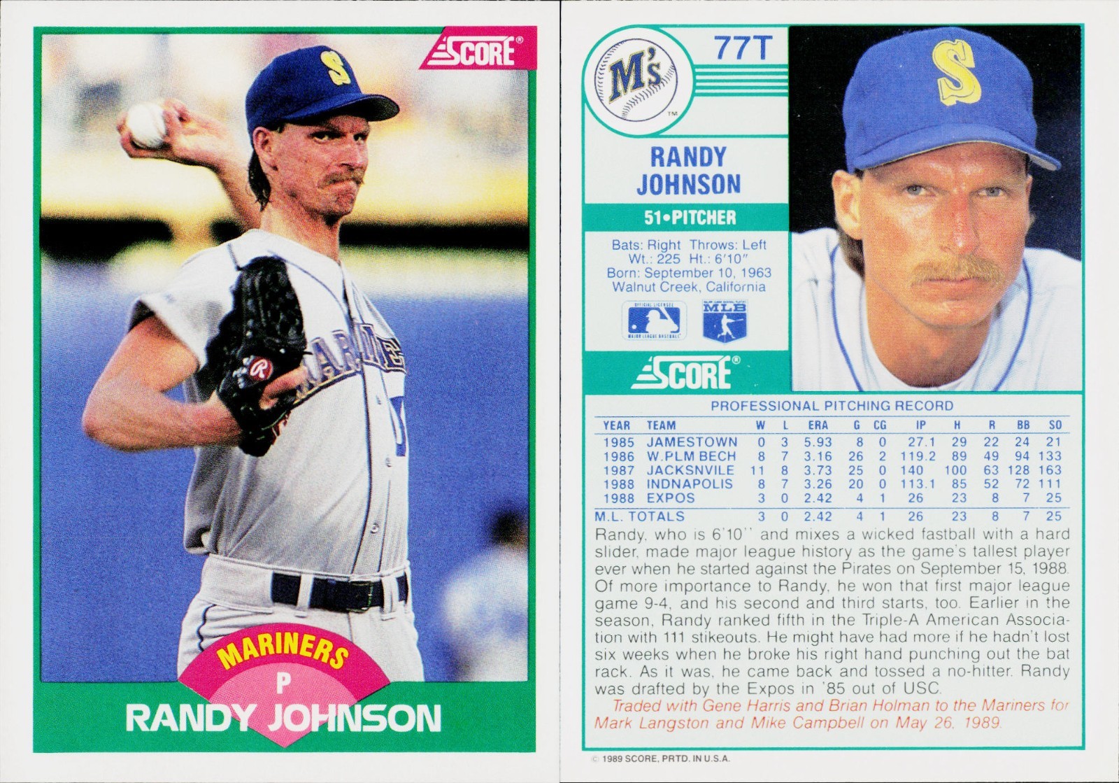 1989 Score Rookie & Traded Baseball Card #77T Randy Johnson