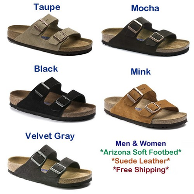 #ad Birkenstock Arizona Soft Footbed Suede Leather Sandals Taupe Mocha Black Mink $69.00