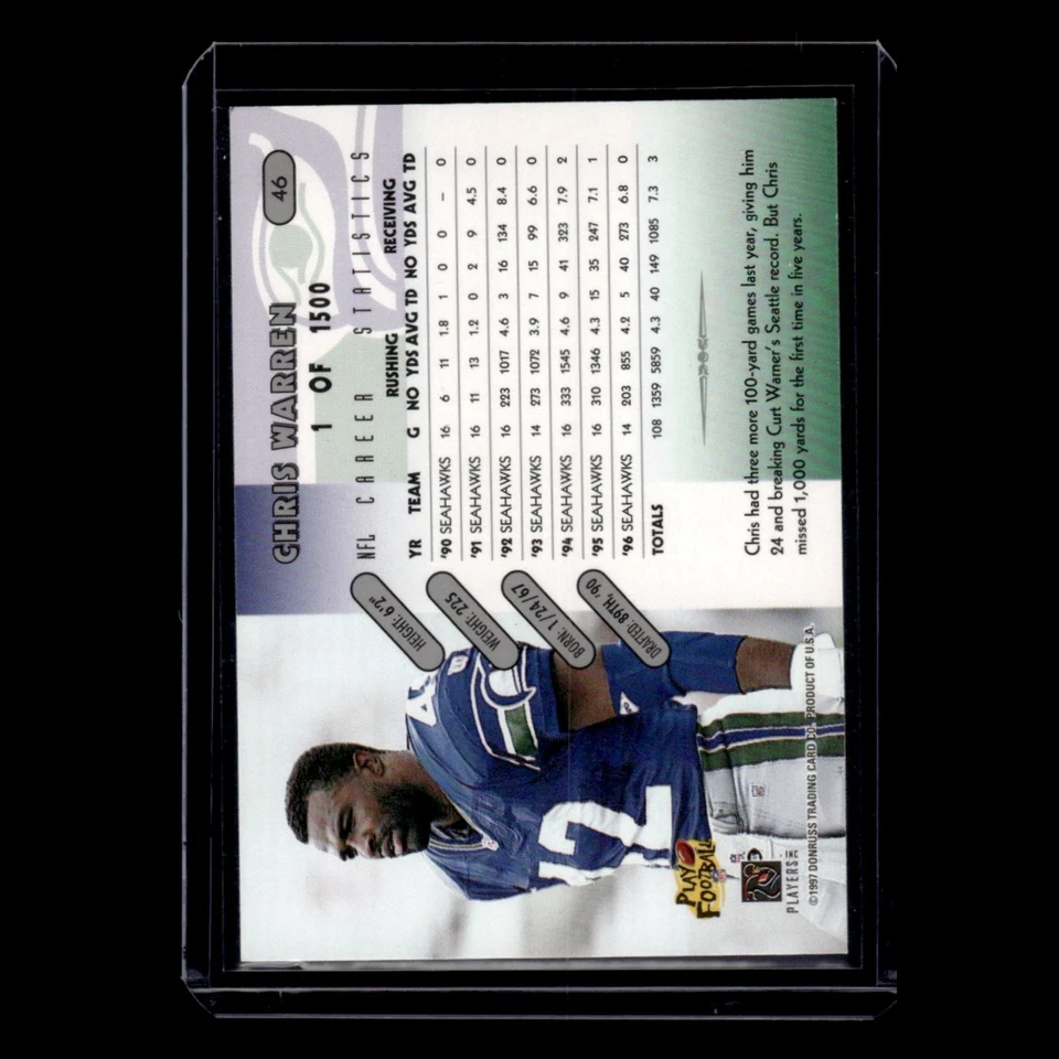 Chris Warren #46 1997 Donruss Seattle Seahawks Football Card NFL NM - Image 2 of 3