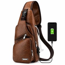 Brown Chest Crossbody Bag Sling Backpack for Men with USB Charge Port