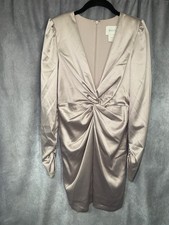 BHLDN Maya Twist Front Satin Mini Dress Long Sleeve Ivory White Small