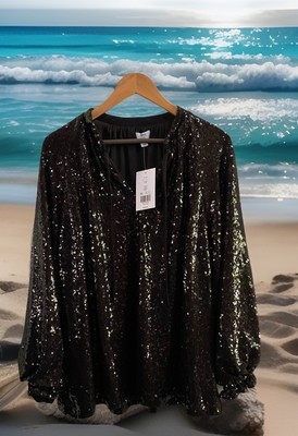 Crown & Ivy Black Sequin Top Lined LS Elegant Party Lady 2X $79.50 MSRP