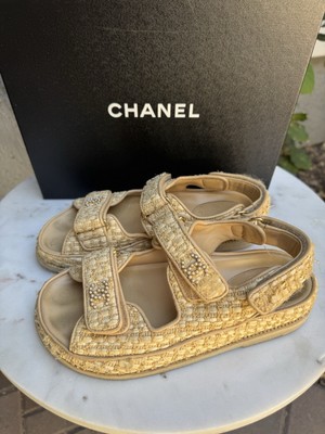 Chanel Raffia Woven Braided Pearl CC Logo Mule Dad Sandal
