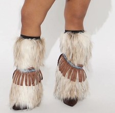 Pair of Faux Fur Leg Warmers w/ Faux Suede Fringe. Halloween Costume Fashionova