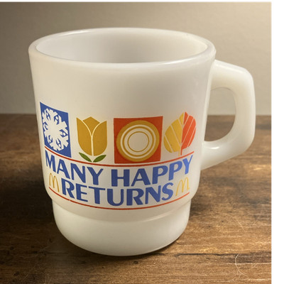 McDonald's Vintage 1982 Milk Glass Mug MANY HAPPY RETURNS Anchor Hocking