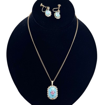 Vintage Blue Guilloche Pink Rose Pendant Necklace Screw Back Earrings