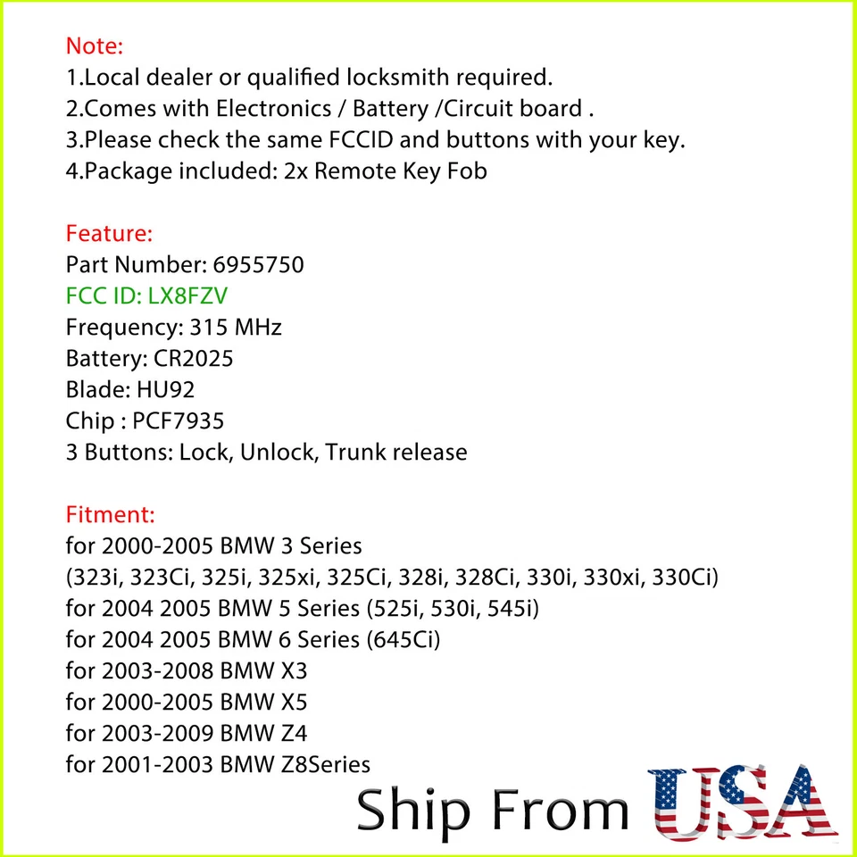 2 For 2000-2005 BMW 3 5 6 Series 323i 325i 328i 330i 525i 530i 645Ci Remote Key - Image 2 of 4