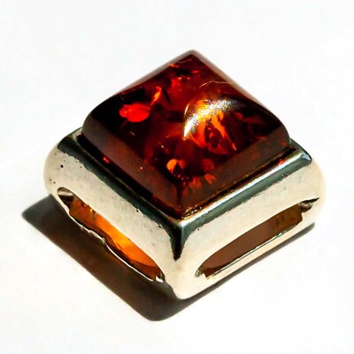 925 Solid Sterling Silver Honey Baltic Amber Square Designer Nice Slider Pendant