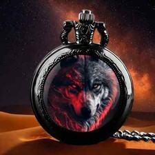 Unique Wolf Design Quartz Pocket Watch Black Alloy Case, Red  White Wolf Head