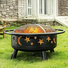 32 Inch Round Fire Pit with Mesh Cover, Fire Poker, Metal Wood Burning Firepit