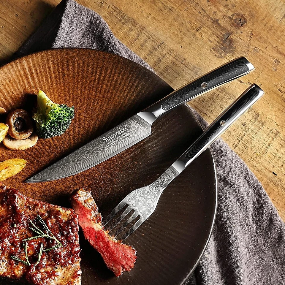 Juego de 6 cuchillos para carne Sunnecko juego de tenedores para carne rectos cortadora de carne de Damasco Foto 3 de 4