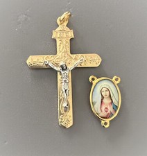 ITALY Heavy Gold Rosary Crucifix & Immaculate Heart Mary Sacred Centerpiece 2pc