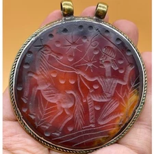 UNIQUE OLD NEAR EASTERN BRASS SILVER AND CARNELIAN INTAGLIO PENDANT VERY UNIQUE