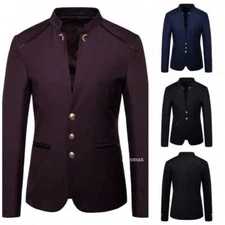 Men Casual Slim Fit Blazer Jacket Single Breast Stand Collar Chinese Style Coats