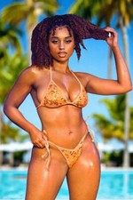 Orange Sequin Fixed Triangle Top  Tie Side V Thong G-String Bottom Bikini Also