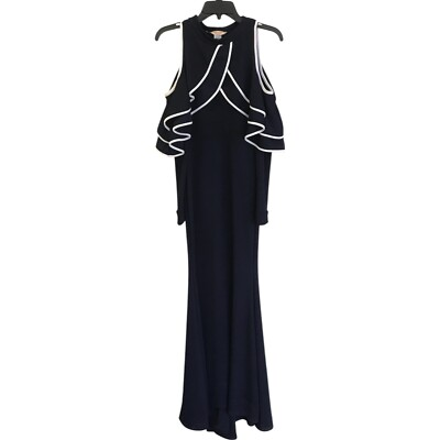 #ad Karen T Design Dress Womens Small Navy White Ruffle Cold Shoulder Long Sleeve $31.60