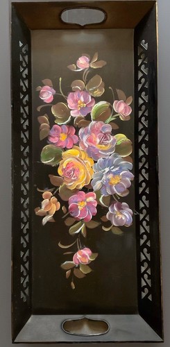 VTG Toleware Hand Painted Floral Metal Tray By Fine Arts Studio - Bild 2 von 9