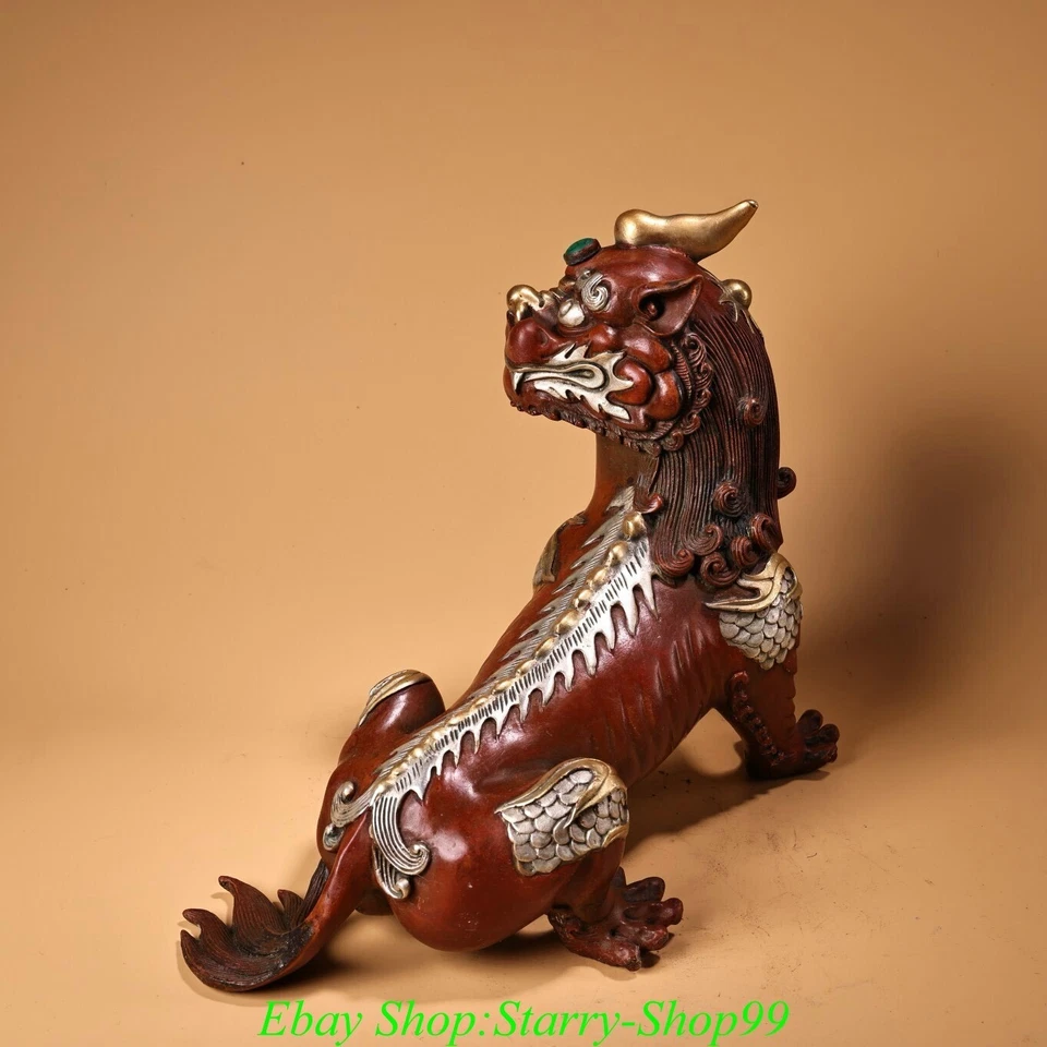 9"Old China Dynasty Feng Shui Red Copper Gilt Silver Pi Xiu Unicorn Beast Statue - Image 3 of 4