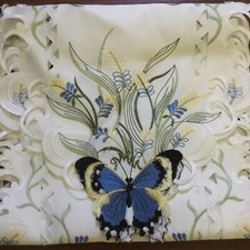 Table Runner White Embroidered Blue Butterflies Flowers Polyester Spring