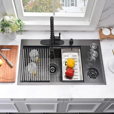 33 Inch Black Drop In Kitchen Sink with Glass Rinser-33x19 Drop In Kitchen Si... - Picture 2 of 9