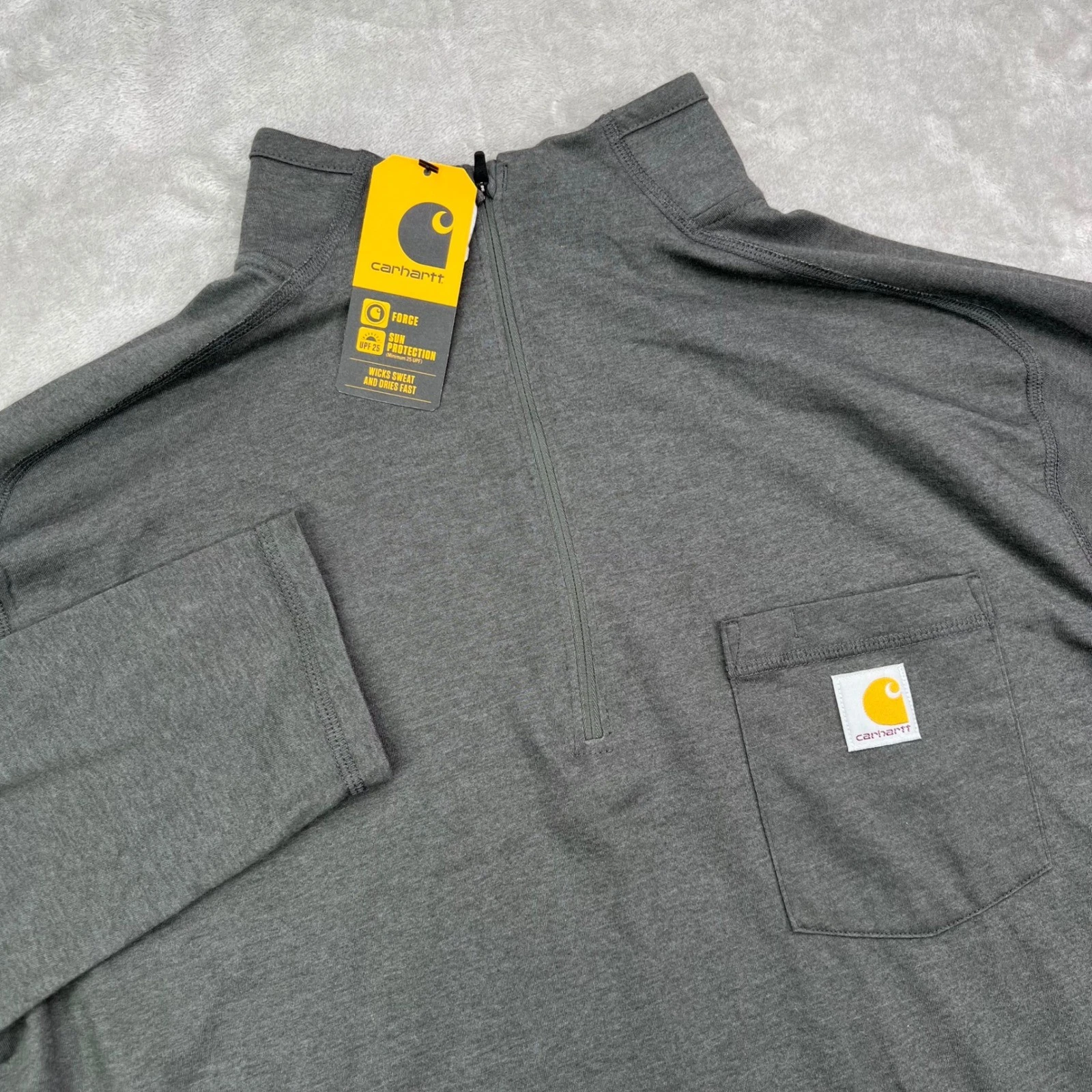 Carhartt Force Relaxed Fit Quarter-Zip Mens L Gray Solid Long Sleeve Pocket Mock