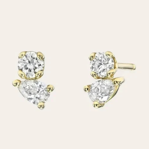 1.08CT Women Stud Birthday Gift Earrings Round & Pear Lab Grown Diamond 14k Gold