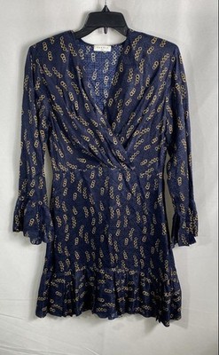 Sandro Women's Navy Blue Silk Blend Chain Print Ruffle Wrap Mini Dress Size M