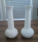 Vintage MCM E.O. Brody Co Milk Glass Hobnail 7.5" Bud Vases Pair Made in USA