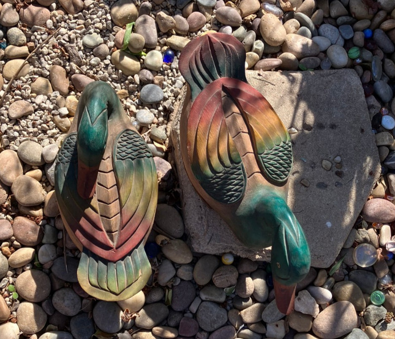 Beautiful Vintage Pair Hand Carved and Painted Wooden Duck Trinket Boxes  Decoy