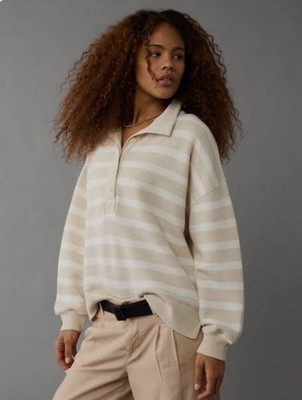 American Eagle Top Women Large Tan Striped Sweatshirt Big Hug Henley