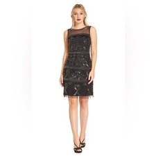 Adrianna Papell Beaded Black Shift Mini Dress Size 16