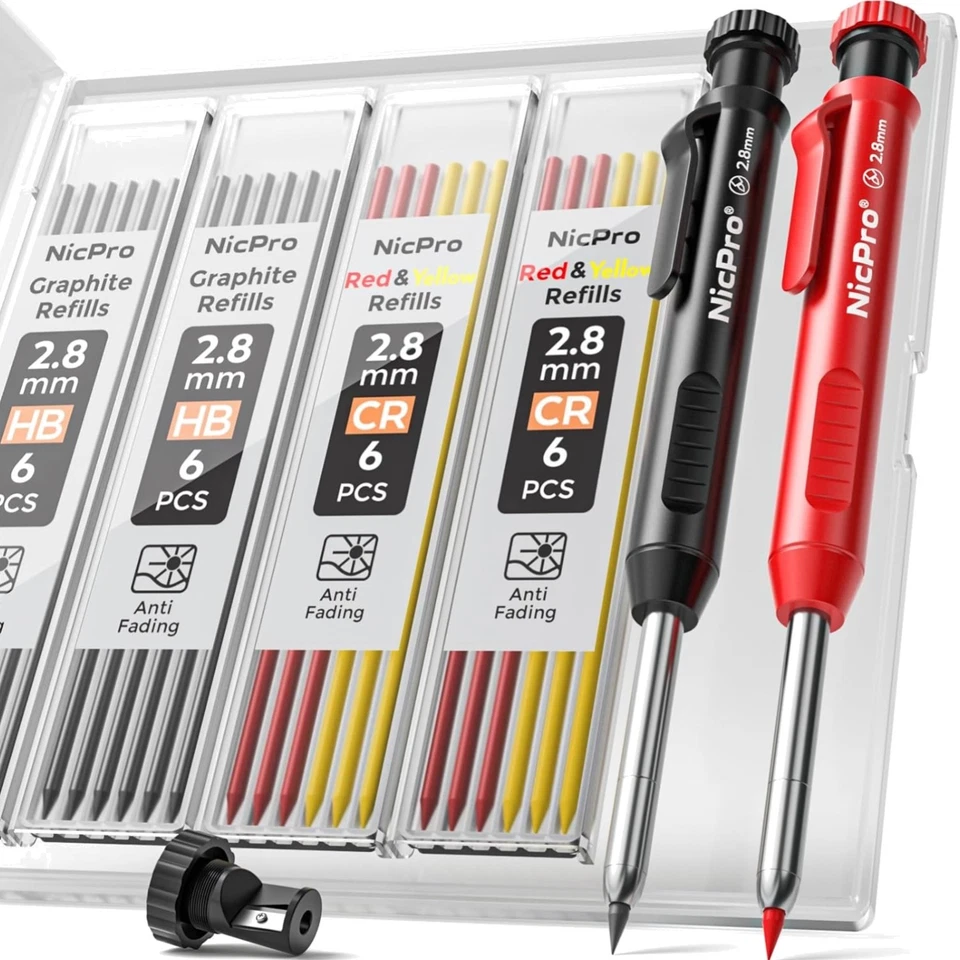 Bau- und Zimmermannsbleistifte Set 2 Stück mit 26 Minen, Spitzer, Holzbau