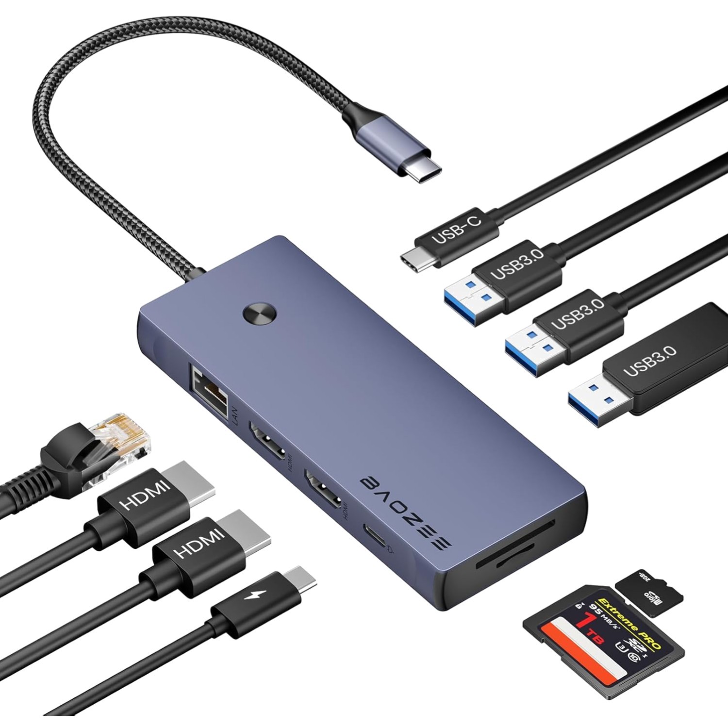 Station d'accueil USB-C double HDMI 4K hub alu gris