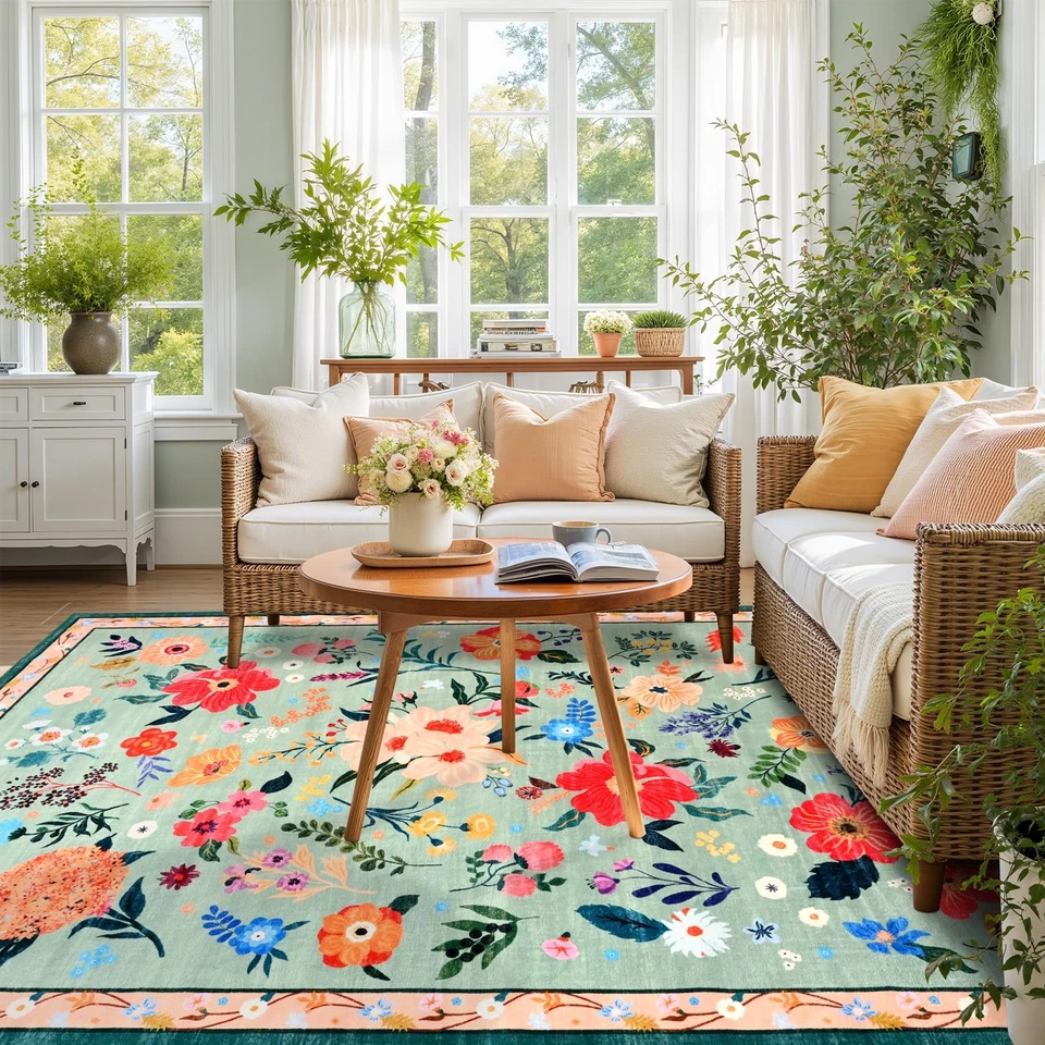 Alfombra Floral 5x7 para Dormitorio de Niñas, Alfombras Lavables a Máquina con Ba... Foto 2 de 4