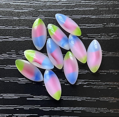 10 pcs Iris Glass Navette 15x7 mm Frosted Satin Cabochon W Germany Vtg Lot Craft