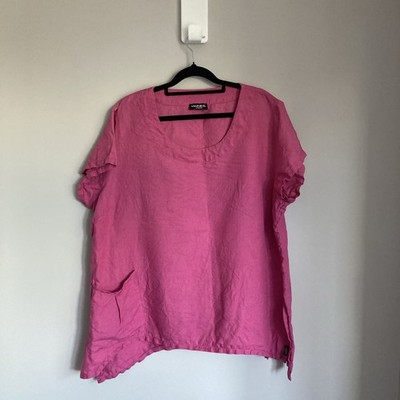 Damen Lagenlook Leinen Tunika Top UK 18-20 rosa drapiert Taschen Sommer Habibe